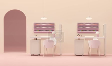 Foto de Beauty spa nail salon on pastel pink color trend 2024 background. Nail Bar and beauty salon for women and men. Place for manicure and nail care, pedic - Imagen libre de derechos