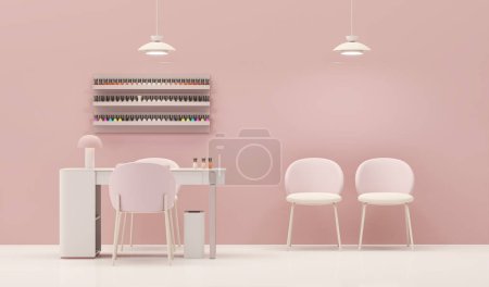 Téléchargez les photos : Beauty spa nail salon on pastel pink color trend 2024 background. Nail Bar and beauty salon for women and men. Place for manicure and nail care, pedic - en image libre de droit