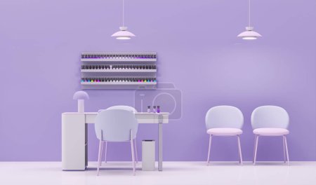 Photo for Nail Bar and beauty salon for women and men. Beauty spa nail salon on purple color trend background. Place for manicure and nail care, pedic - Royalty Free Image