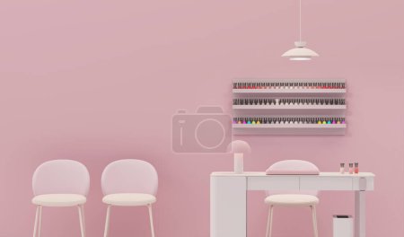 Foto de Beauty spa nail salon on pastel pink color trend 2024 background. Nail Bar and beauty salon for women and men. Place for manicure and nail care, pedic - Imagen libre de derechos