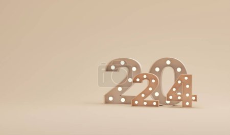 Foto de Nuevo año 2024 diseño de interiores con color melocotón difuminación número de luz de neón. color de aplastamiento de albaricoque y fondo naranja. Renderizado 3D - Imagen libre de derechos