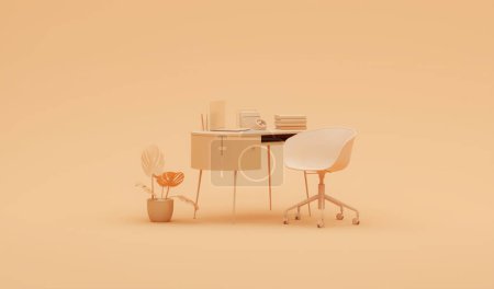 Téléchargez les photos : Peach Fuzz est une couleur tendance année 2024 au bureau Minimal table de bureau. Pour bureau d'étude, horloge, pot de plante et espace de travail. Modèle de maquette abricot écraser la couleur et le fond orange. rendu 3D - en image libre de droit
