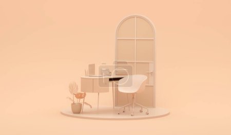Foto de Peach Fuzz es un año de color tendencia 2024 en escritorio de mesa de oficina mínima. Para escritorio, reloj, maceta y espacio de trabajo. Plantilla de burla color de aplastamiento de albaricoque y fondo naranja. Renderizado 3D - Imagen libre de derechos