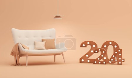 Téléchargez les photos : Nouvel an 2024 design d'intérieur avec peach fuzz couleur nombre de lumière au néon. abricot écraser la couleur et le fond orange. rendu 3D - en image libre de droit