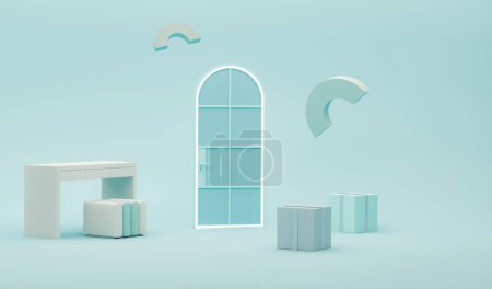 Photo for Flying abstract geometric shapes with arch door, art table and chair, gift box. Pastel blue and white colors scene. Trendy 3d render for social media. - Royalty Free Image