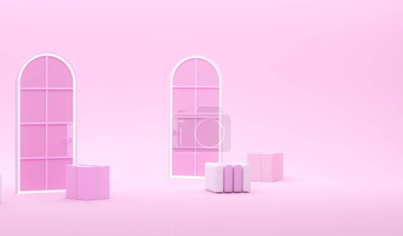 Photo for Flying abstract geometric shapes with arch door, art table and chair, gift box. Pastel pink and purple colors scene. Trendy 3d render for social media. - Royalty Free Image