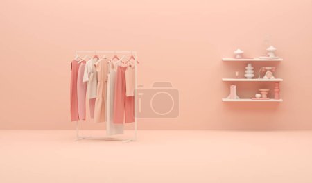 Photo for Autumn clothes hanging on a rack with armchair on pastel pink background. Mens jacket, coat, sweater, warm shirt hanging on the hangers. Creative composition. - Royalty Free Image