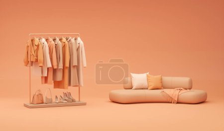 Photo for Apricot crush is trend color of the year 2024. Autumn Clothes hanging on a rack with pastel orange background. Coat, sweater, warm shirt hanging on the hangers. Creative composition. Sale concept - Royalty Free Image