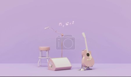 Foto de Escenario de concierto con guitarra, micrófono y altavoces sobre fondo azul púrpura. Concepto minimalista. Aplicación musical Concept.3D render - Imagen libre de derechos