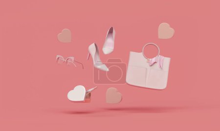 Photo for Women fashion accessories bag, high heels, perfume, glasses, lipstick, heart gift box in bag shopping on pink color background. Valentines day design. 3d render - Royalty Free Image