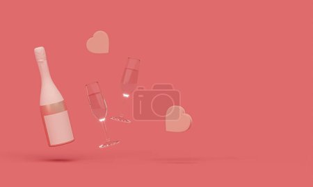 Foto de Botella de champán y caja de regalo de corazón sobre fondo de color rosa. Feliz día de San Valentín. Boda de vacaciones. - Imagen libre de derechos