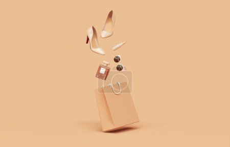 Foto de Bolso de accesorios de moda para mujer, tacones altos, perfume, gafas, lápiz labial en la bolsa de compras en el fondo de color de aplastamiento de albaricoque. renderizado 3d - Imagen libre de derechos