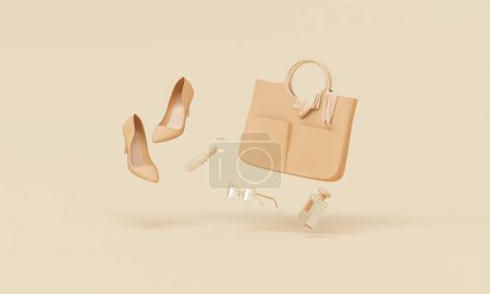 Foto de Bolso de accesorios de moda para mujer, tacones altos, perfume, gafas, lápiz labial en la bolsa de compras en el fondo de color de aplastamiento de albaricoque. renderizado 3d - Imagen libre de derechos