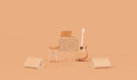 Téléchargez les photos : Abricot crush est la couleur tendance de l'année 2024. Scène de concert avec guitare, microphone et haut-parleurs sur fond pêche fuzz en couleurs jaunes. Concept de minimalisme. Application musicale Concept.3D render. - en image libre de droit
