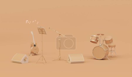 Téléchargez les photos : Abricot crush est la couleur tendance de l'année 2024. Scène de concert avec guitare, microphone et haut-parleurs sur fond pêche fuzz en couleurs jaunes. Concept de minimalisme. Application musicale Concept.3D render. - en image libre de droit
