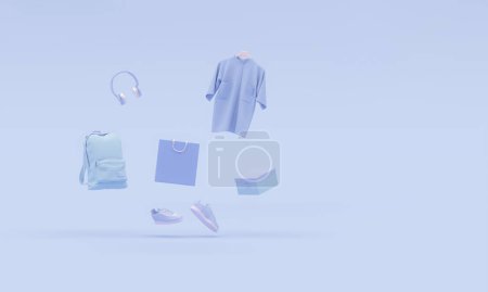 Photo for Men fashion accessories bag, pant , shirt, shoes, headphone, backpack, shopping bag on pastel blue background. Advertisement idea. Creative compositing. 3d render, social media and sale - Royalty Free Image