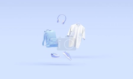 Photo for Men fashion accessories bag, pant , shirt, shoes, headphone, backpack, shopping bag on pastel blue background. Advertisement idea. Creative compositing. 3d render, social media and sale - Royalty Free Image