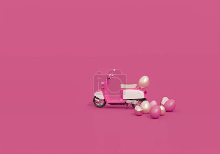 Téléchargez les photos : Scooter vintage rose avec boîte cadeau pour Joyeuse fête de Pâques, livraison de Pâques avec oeuf coloré. Œuf de Pâques sur fond rose pastel. 3d rendu - en image libre de droit