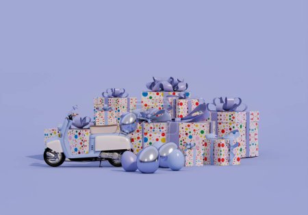 Téléchargez les photos : Scooter vintage bleu avec boîte cadeau pour Joyeuse fête de Pâques, livraison de Pâques avec oeuf coloré. Œuf de Pâques sur fond violet pastel. 3d rendu - en image libre de droit