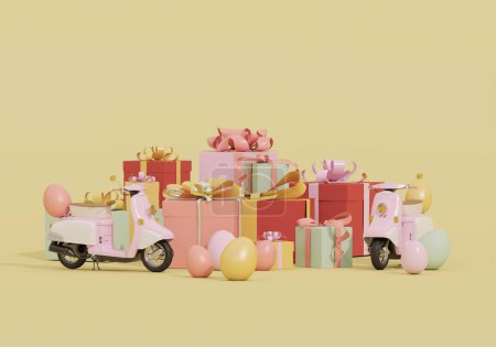 Photo for Pink vintage scooter with gift box for Happy easter day, easter delivery with colorful egg. Easter egg on pastel yellow background. 3d render - Royalty Free Image
