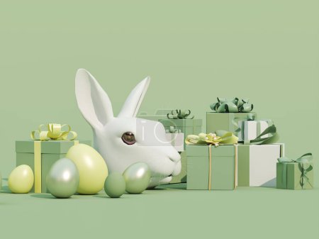 Téléchargez les photos : Cadeau de Pâques avec des œufs de lapin et de Pâques Design de Pâques sur fond vert pastel. Bannière de vacances, affiche web, dépliant, brochure élégante, carte de vœux, couverture. Printemps Pâques fond - en image libre de droit
