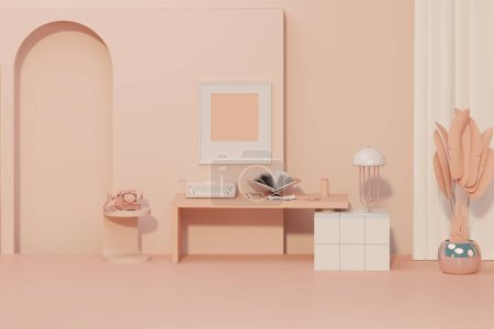 Photo for Stylish living peach fuzz tone room interior of modern apartment and trendy furniture, table on carpet floor and coral pink elegant accessories with art decoration, clock, lamp. 3d render - Royalty Free Image