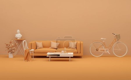 Photo for Creative composition. Interior of the room in trendy apricot crush color with furnitures and room accessories. Light background with copy space. 3D render for web page, presentation, studio. - Royalty Free Image