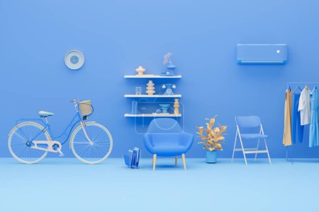 Photo for Creative composition. Interior of the room in trendy blue color with furnitures and room accessories. Light background with copy space. 3D render for web page, presentation, studio. Healthy lifestyle - Royalty Free Image