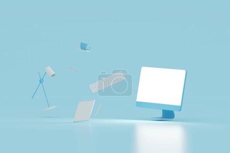 Photo for Computer monitor with ofice icon, business finance float on pastel blue background. Social media marketing online, e commerce, digital store, shop app concept. Desktop blank white screen. 3d render. - Royalty Free Image