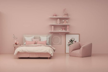 Photo for Pink walk in closet with wardrobe. Minimal bed and  armchair storage shelf in pastel coral background. 3d rendering, concept for shopping store and bedroom, studio, life style - Royalty Free Image