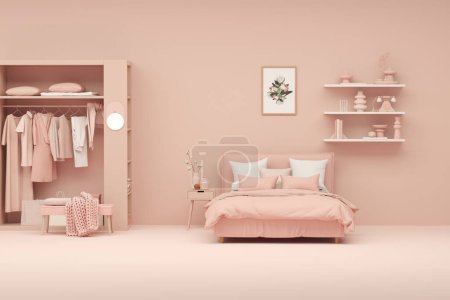 Photo for Pink walk in closet with wardrobe. Minimal bed and  armchair storage shelf in pastel coral background. 3d rendering, concept for shopping store and bedroom, studio, life style - Royalty Free Image