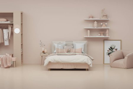 Photo for Beige walk in closet with wardrobe. Minimal bed and  armchair storage shelf in pastel coral background. 3d rendering, concept for shopping store and bedroom, studio, life style - Royalty Free Image