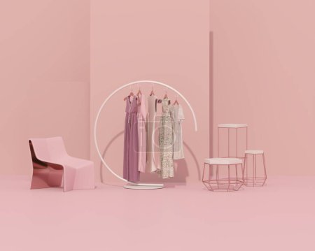 Foto de Colgador de percha de abrigo forjado Arc Shape Stand en colores rosados pastel, sillón sobre fondo rosa. Representación creativa composition.3d, concepto de tienda y dormitorio, compras y dama - Imagen libre de derechos