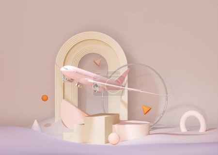 Photo for Pink plane flying in the sky with geometric abstract . Plane take off and pastel background. Airline concept travel plane passengers. Advertisement idea. 3D Creative composition. - Royalty Free Image