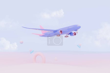 Téléchargez les photos : Avion violet volant dans le ciel avec abstrait géométrique. Décollage de l'avion et fond pastel. Concept de compagnie aérienne passagers d'avion de voyage. Idée de publicité. 3D Composition créative. - en image libre de droit