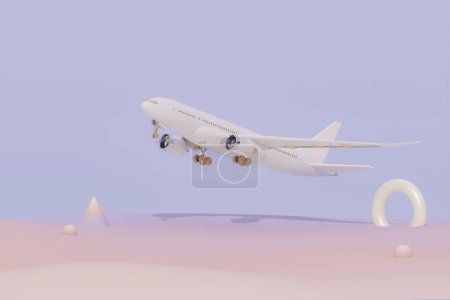 Téléchargez les photos : Avion blanc volant dans le ciel avec abstrait géométrique. Décollage de l'avion et fond pastel. Concept de compagnie aérienne passagers d'avion de voyage. Idée de publicité. 3D Composition créative. - en image libre de droit