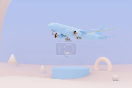 Téléchargez les photos : Avion bleu volant dans le ciel avec abstrait géométrique. Décollage de l'avion et fond pastel. Concept de compagnie aérienne passagers d'avion de voyage. Idée de publicité. 3D Composition créative. - en image libre de droit