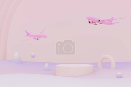 Téléchargez les photos : Avion rose volant dans le ciel avec abstrait géométrique. Décollage de l'avion et fond pastel. Concept de compagnie aérienne passagers d'avion de voyage. Idée de publicité. 3D Composition créative. - en image libre de droit