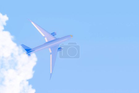 Téléchargez les photos : Avion bleu volant dans le ciel avec abstrait géométrique. Décollage de l'avion et fond pastel. Concept de compagnie aérienne passagers d'avion de voyage. Idée de publicité. 3D Composition créative. - en image libre de droit