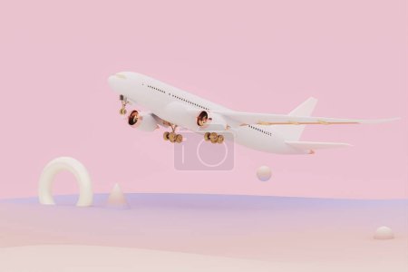 Téléchargez les photos : Avion blanc volant dans le ciel avec abstrait géométrique. Décollage de l'avion et fond pastel. Concept de compagnie aérienne passagers d'avion de voyage. Idée de publicité. 3D Composition créative. - en image libre de droit