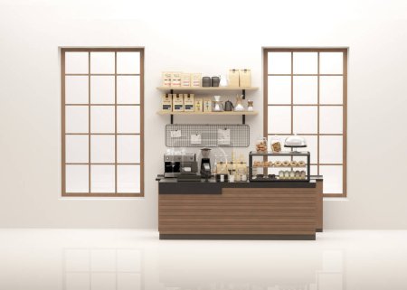 Photo for 3D render modern white and wooden beige style cafe counter with big window, with espresso coffee making machine, stack of eco friendly paper cup. Morning sunlight, Bistro, Business, Space, Blank - Royalty Free Image