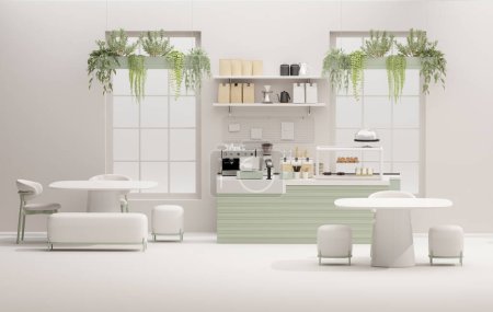 Photo for 3D render modern white and green style cafe counter with big window, with espresso coffee making machine, stack of eco friendly paper cup. Morning sunlight, Bistro, Business, Space, Blank - Royalty Free Image
