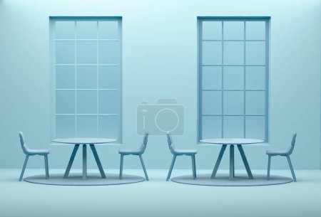 Photo for Interior of the room in plain monochrome pastel blue color with big window, table and chairs. Light background with copy space. 3D rendering for web page, presentation or picture frame backgrounds. - Royalty Free Image
