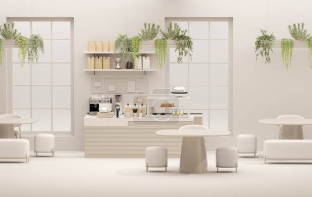 Photo for 3D render modern white and beige style cafe counter with big window, with espresso coffee making machine, stack of eco friendly paper cup. Morning sunlight, Bistro, Business, Space, Blank - Royalty Free Image