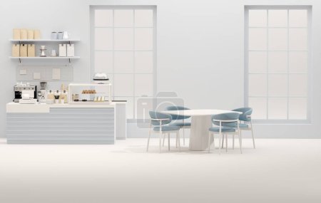 Photo for 3D render modern white and blue style cafe counter with big window, with espresso coffee making machine, stack of eco friendly paper cup. Morning sunlight, Bistro, Business, Space, Blank - Royalty Free Image