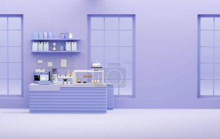 Photo for 3D render modern purple style cafe counter with big window, with espresso coffee making machine, stack of eco friendly paper cup. Morning sunlight, Bistro, Business, Space, Blank - Royalty Free Image