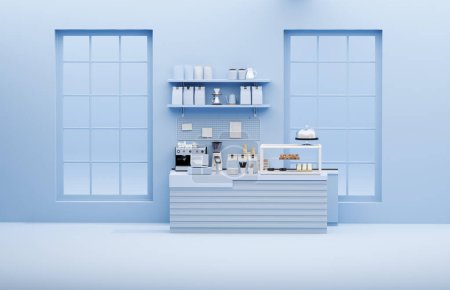 Téléchargez les photos : Comptoir de café moderne de style blanc et bleu avec grande fenêtre, avec machine à café expresso, pile de tasse en papier écologique. Matin soleil, Bistro, Entreprise, Espace, Vide - en image libre de droit