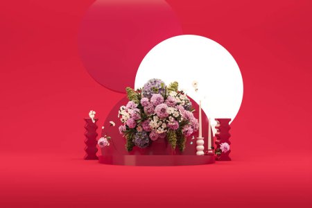 Téléchargez les photos : Affichage 3D podium, fond rouge foncé avec fleur d'hortensias et cadre vintage. Pivoines fleur et feuille de nature. Socle minimal pour la beauté, produit. Modèle d'espace de copie femelle rendu 3d - en image libre de droit