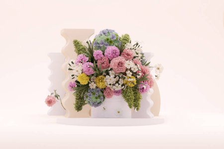 Téléchargez les photos : Affichage 3D podium, fond rose pastel avec fleur d'hortensias et cadre vintage. Pivoines fleur et feuille de nature. Socle minimal pour la beauté, produit. Modèle d'espace de copie femelle rendu 3d - en image libre de droit
