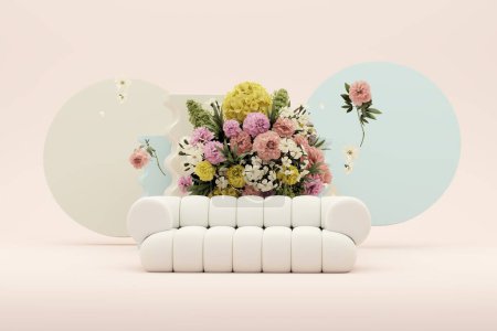 Foto de Sillón blanco con flores de colores sobre fondo blanco. Idea de publicidad. Composición creativa. 3d render, redes sociales y concepto de venta - Imagen libre de derechos
